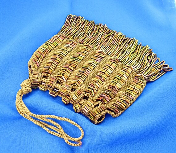 1920s DECO Flapper Draw String Fringe Copper Bead… - image 5