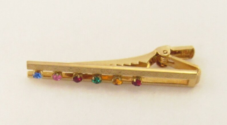 Vintage 60s Rainbow Rhinestone Colors ANSON Tie Bar Clasp Clip; Multi Color GT