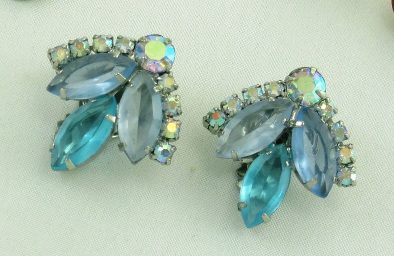 Vintage Tri Color Blue Rhinestone Sparkly Earrings; Juliana Weiss Collaboration