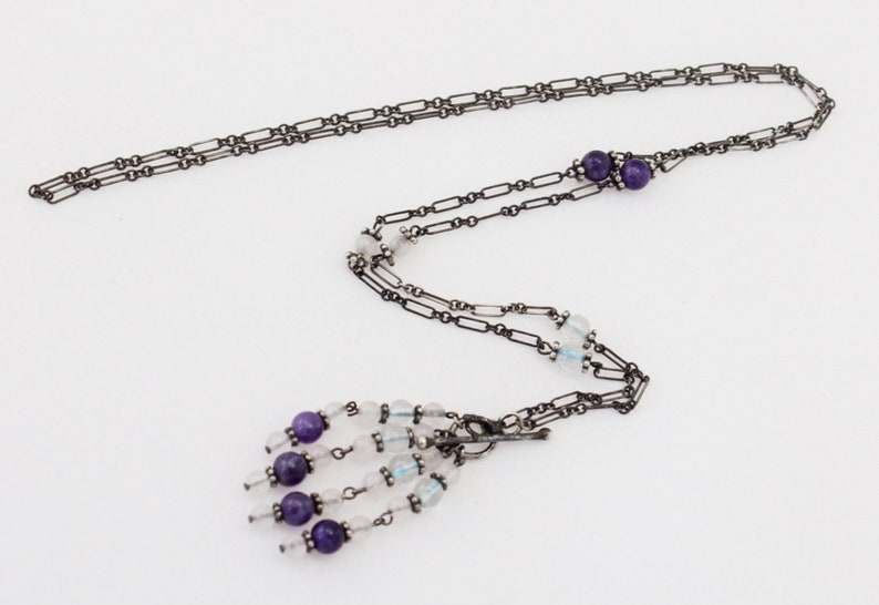 Amethyst 925 Rock Crystal Bead Long Tassel Fringe Pendant Necklace
