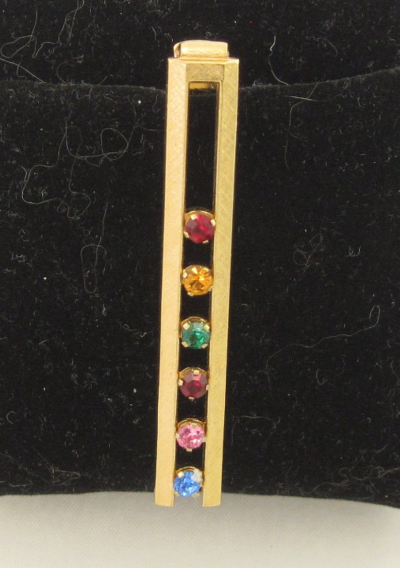 Vintage 60s Rainbow Rhinestone Colors ANSON Tie Bar Clasp Clip; Multi Color GT
