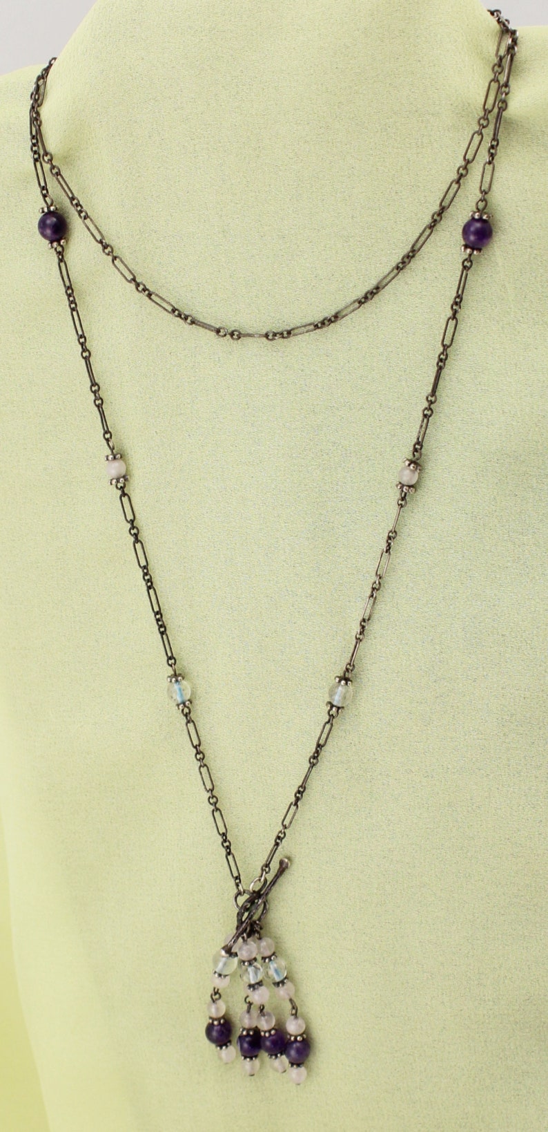 Amethyst 925 Rock Crystal Bead Long Tassel Fringe Pendant Necklace
