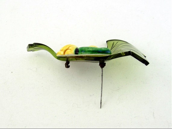 ELZAC 40s Carved Green Lucite Ceramic Yellow Flow… - image 3