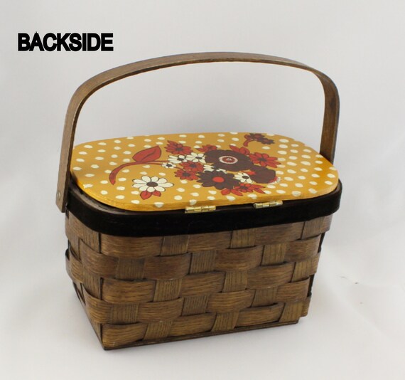 1970s Hand Painted Woven Wood Basket Box Purse Ha… - image 7