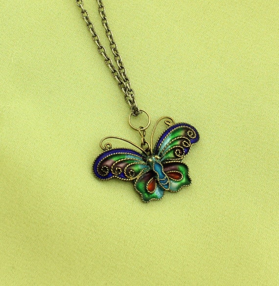 Colorful 50s Style Enameled BUTTERFLY Pendant Cha… - image 3