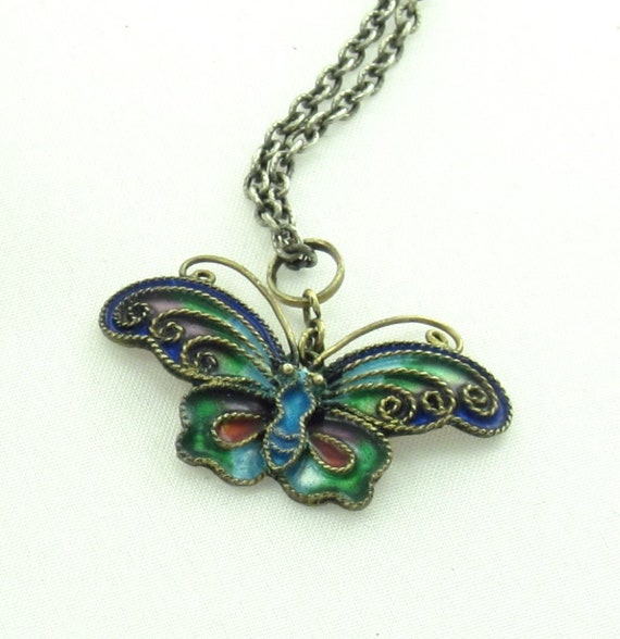 Colorful 50s Style Enameled BUTTERFLY Pendant Cha… - image 1
