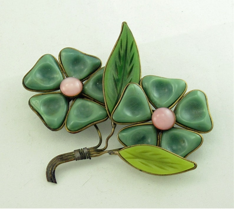 Plastic Poured Glass Style Flower Bouquet Brooch; Wire Caged Petal Corsage Faux French Gripoix