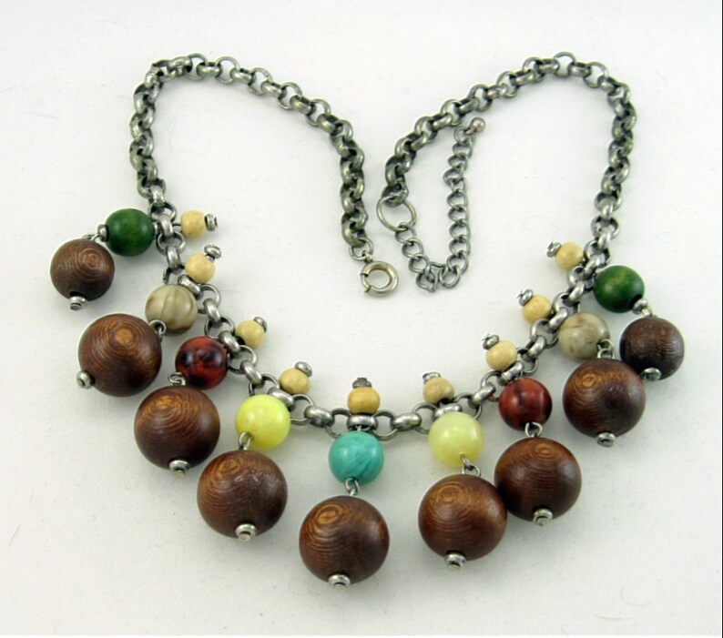 Fringe Dangle Wood Glass Bead Vintage Necklace; Bakelite Era Flapper Deco Haskell-esque