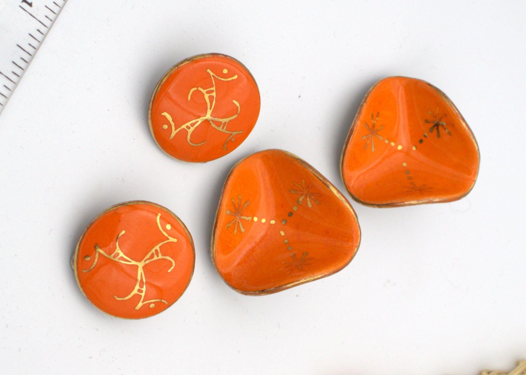 60s Geometric Orange Yellow Potato Chip Ceramic Clip Earrings Lot; Charitable Donation