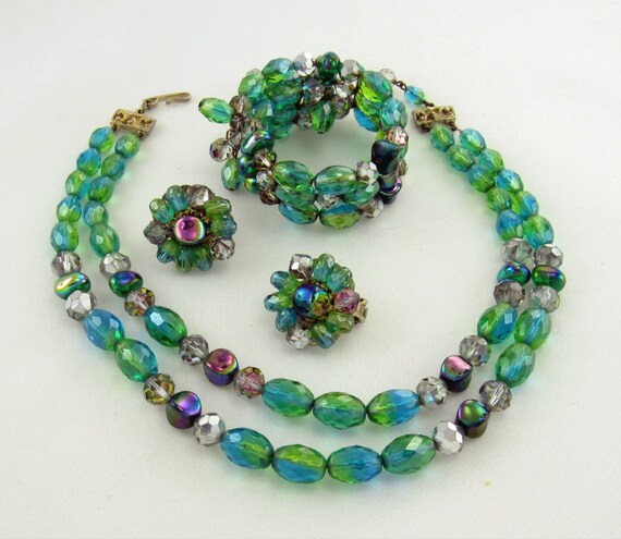 Two Layers Multi Cream And Smoky Faceted Glass Bead Necklace Earring Set
