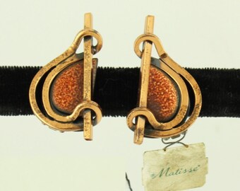 Original Tag 50s MATISSE Enameled RENOIR Copper MCM Clip Earrings; Rare Design