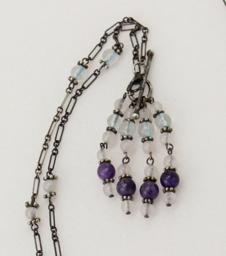 Amethyst 925 Rock Crystal Bead Long Tassel Fringe Pendant Necklace