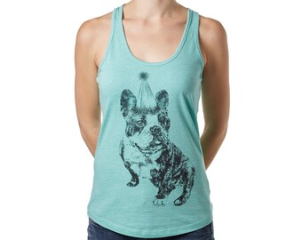 Women's Fitted Racer Back Vest/Tank Top, Organic Cotton, Perfect For Yoga and Fitness, ''Madame Clio'' Dog Motif