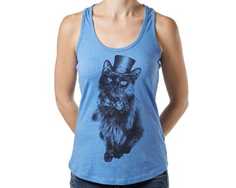 Women's Fitted Vest/ Tank Top, Racer Back, Organic Cotton Activewear, ''Cat in Top Hat'' Motif, Perfect For Cat Lovers. Hand Printed.