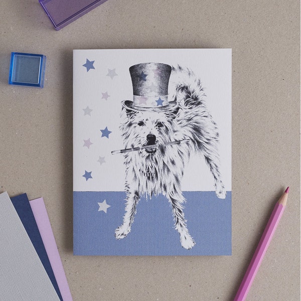 Dog Magician Card for any occasion: Handmade greetings card and envelope for personalised message. Have it sent directly to recipient!