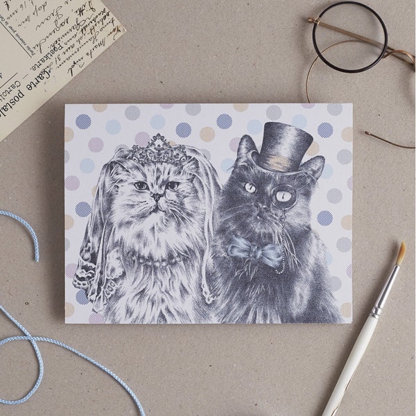 Cat Wedding Card: wedding card with cat bride and groom illustration. Victorian Steampunk Wedding. Purrfect wedding card for cat lovers!