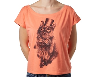 Women's Box T-Shirt, Organic Cotton, Hand Printed Ethical Fashion, ''Mr Bojangles" Cat Motif.