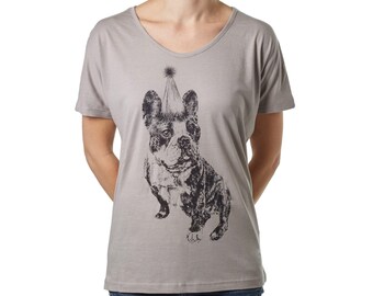 Women's T-Shirt, Organic Cotton Casual Style With Batwing Sleeve, ''Madame Clio'' Dog Screen Print.