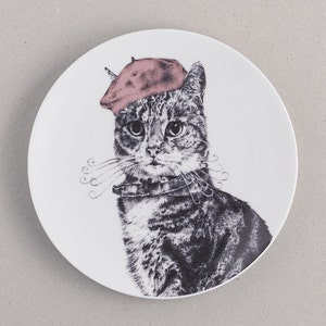 Cat in a Beret Side Plate: fine bone china dessert plate with French cat art print. UK FREE shipping! Sweet gift for pet & cake addicts!