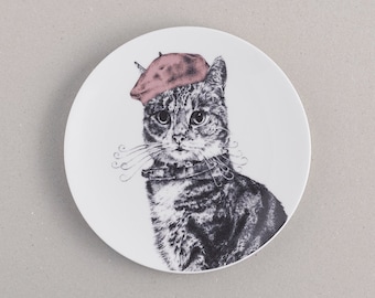 Cat in a Beret Side Plate: fine bone china dessert plate with French cat art print. UK FREE shipping! Sweet gift for pet & cake addicts!