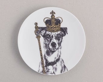 Dog in a Crown Side Plate: fine bone china plate with Queen Jack Russell art. UK FREE shipping! Splendid gift for dog and tea party lovers!