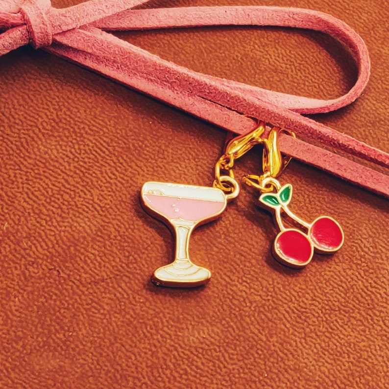 Cocktail and Cherries Clip-on Charm Duo Planner charms Junk Journal Gift Stitch markers Bag charms