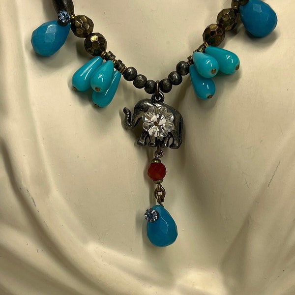 Rodrigo Otazu Couture Necklace - Elephant Crystal Flower Faceted Deep Blue Stones  - Teardrop Turquoise Shade Beads  Aqua Rhinestones Signed
