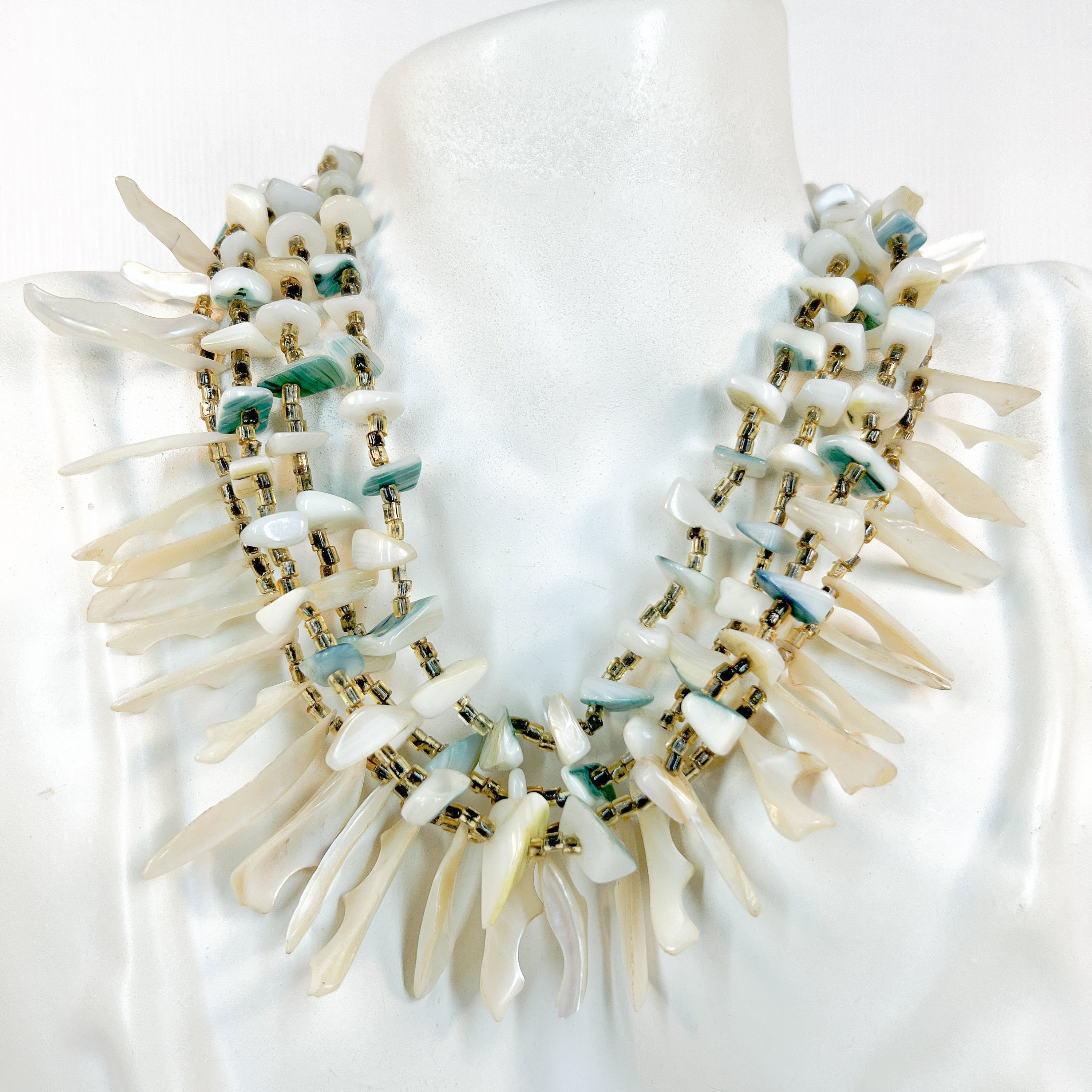 Vintage Sea Shell Bib Necklace: Mid Century Beaded Choker, Made in Japan