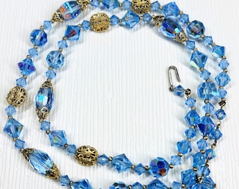 Art Deco Flapper Necklace: Czech Glass Aurora Blue Beads, Golden Filigree