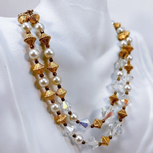 Vintage Aurora Borealis Crystal Choker: Gold Filled Faux Pearl Necklace