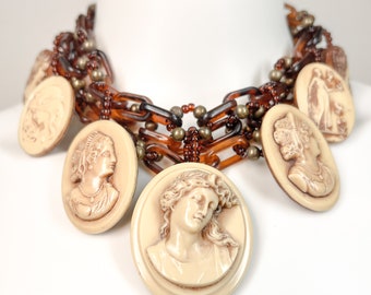 Vintage Cameo Choker: Tortoise Shell Chain Link Collar