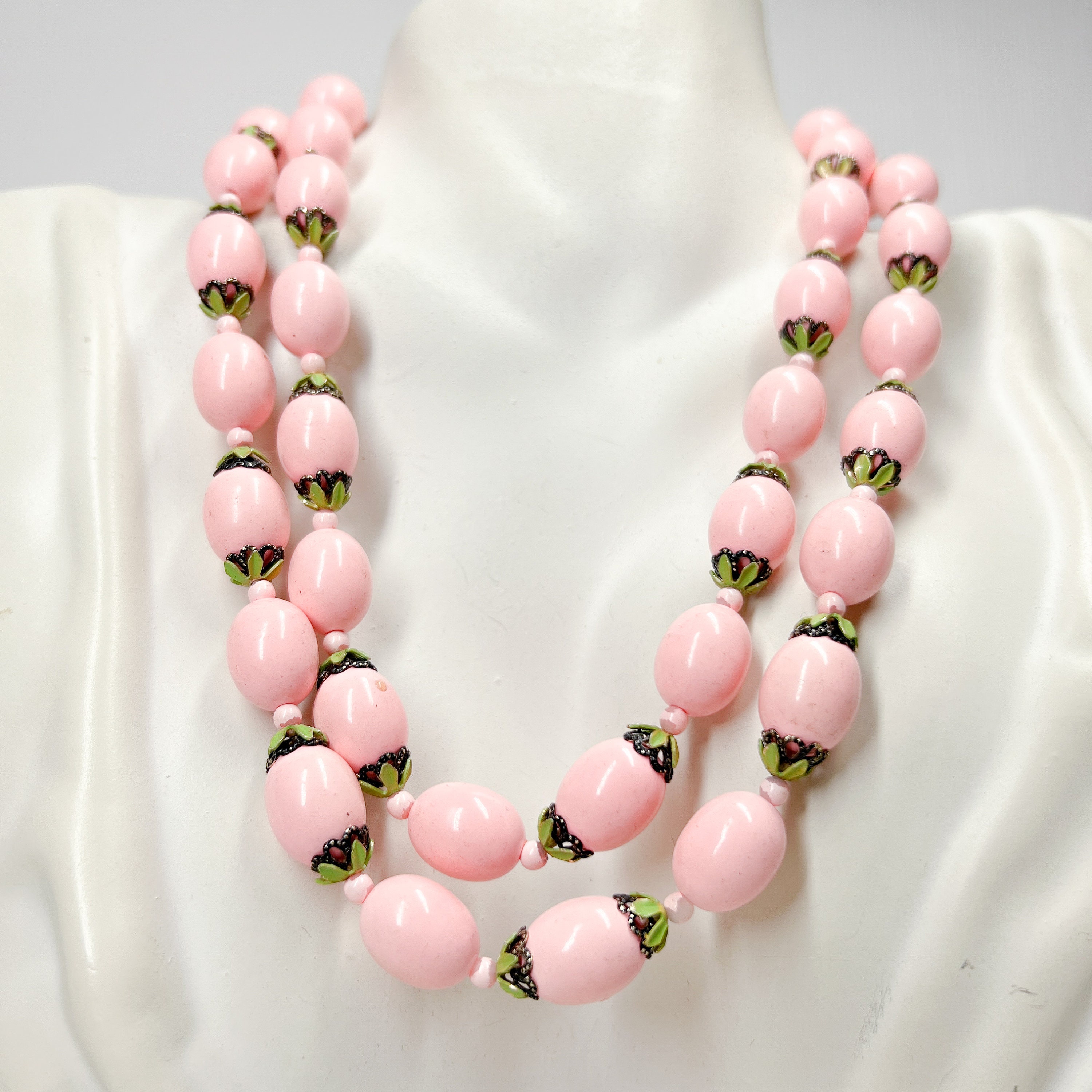 Vintage Pink Beaded Choker Necklace: Double Strand, Leaves & Lace