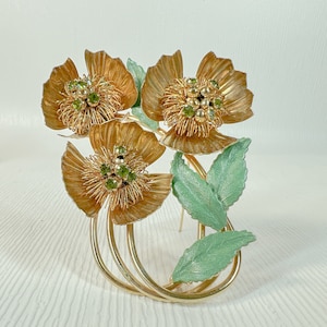 Huge Hobe Vintage 3 Flower Brooch - Green Rhinestones and Leaves - Very Large 3 INCHES / 7.6 CM - Gold Tone - Gift Mothers Day Valentine