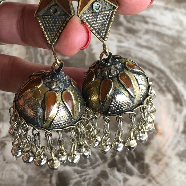 Vintage Kuchi Tribal Chandelier Earrings / Afghan Dangly Bell Earring / Inlay Green Rust Stone Silver Earrings/ Bellydance Gypsy Jewelry