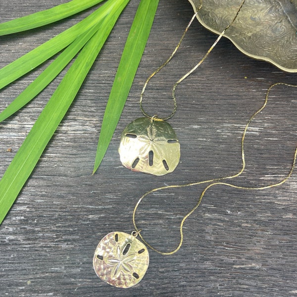 Gold Sand Dollar Pendant Necklace / Vintage Seashell Charm / Surfer Girl Style / Beach Summer Vacation Jewelry / Long Triangle Chain