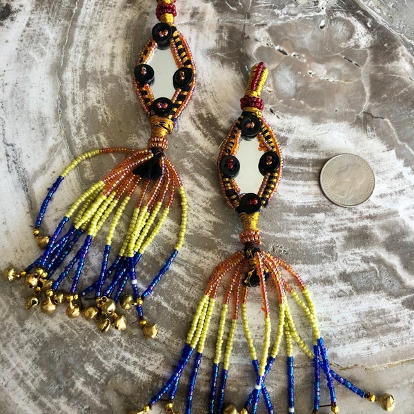 2 Boho Beaded Mirror Tassels/ Gold Bell Afghan Tassels / Kuchi Tribe Bead Tassels / Bellydance Costume Design / Jewelry Making / Purse Charm