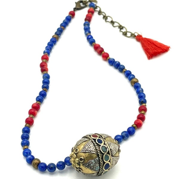 Sale /Afghan Brass Lapis Pendant Necklace / Vintage Kuchi Tribal Pendant Jewelry / Lapis Lazuli Beaded Necklace / Red Tassel Necklace
