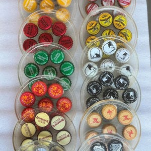May include: Ten circular clear resin coasters, each embedded with a collection of metal bottle caps from various beer brands including Samuel Adams, Sierra Nevada, New Belgium, Redbridge, Buckhorn, Leinenkugel's, Alaskan Brewing, and Summit.