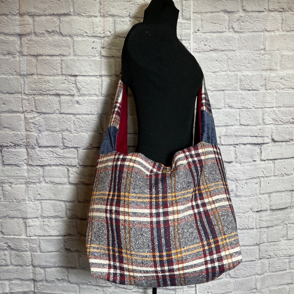 plaid hobo bag made with vintage fabric, hand made, one of a kind, tote bag, purse, work bag