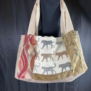 Bolso extra grande, hecho a mano, único en su tipo, leopardos únicos, forrado, tela de tapiz, bolso de trabajo, bolso de mano, bolso escolar