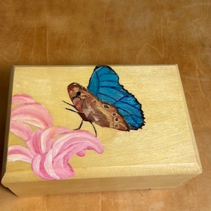 Original oil painting of a butterfly and flower on a wooden box, functional art, jewelry box