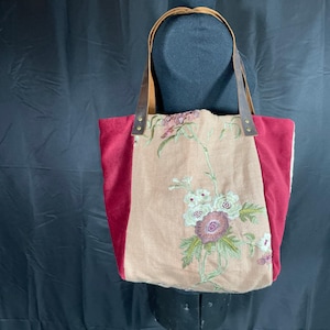 Pièce unique faite main, sac fourre-tout, sac à main, sacoche, tissu floral et velours, lanières de cuir
