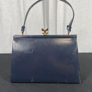Vintage 50&#39;s Navy Blue Leather Clasp Pocketbook, Purse, Handbag, Satchel