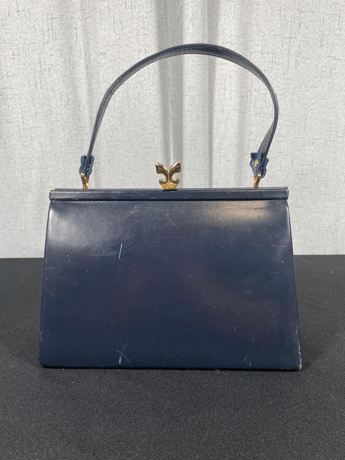 Vintage 50's Navy Blue Leather Clasp Pocketbook, Purse, Handbag
