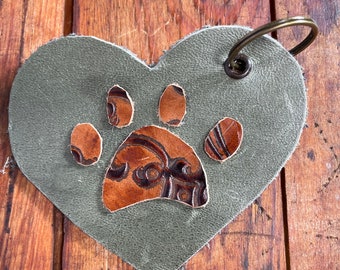 Paw in heart leather keychain, dog or cat mom  pet lover, one of a kind, hand crafted, keyring, unique gift