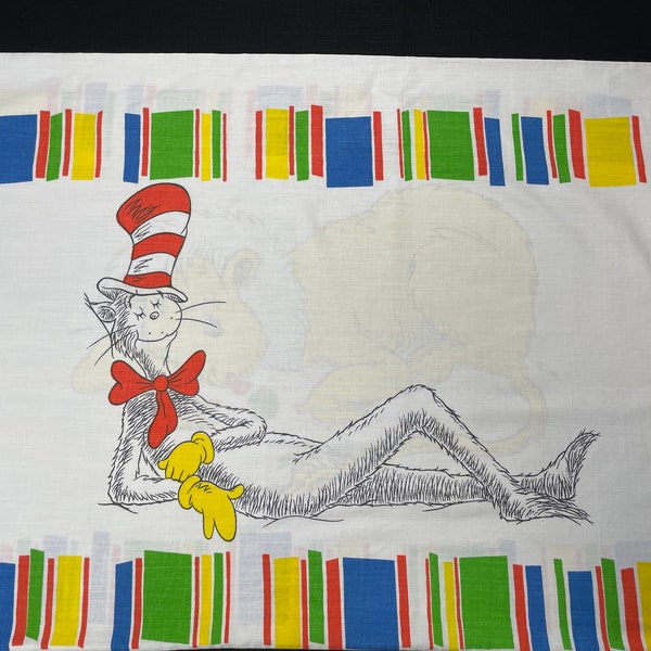 Vintage pillow case with two of Dr Seuss’ classic characters Cat In The Hat and Lazy Lion 70’s multicolored trim children’s bedding