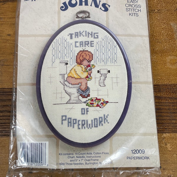 Dear Johns three needles cross stitch kit 1989 never opened  “taking care of paperwork”  kit includes 14 count Aida floss oval frame