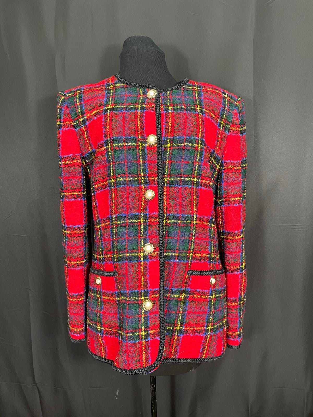 Vintage Red Plaid Talbots Blazer, Pearl Buttons & Black Trim, SZ 14, Holiday Jacket