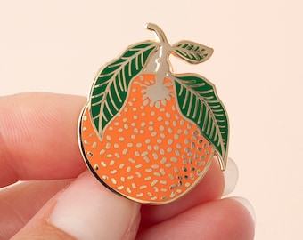 Clementine Enamel Pin | Lapel Pin | Hard Enamel Pin | Gold Enamel Pin Badge | Citrus Pin | Orange Leaf Pin | Little Paisley Designs