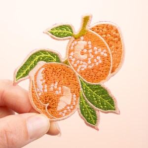 Könnte beinhalten: Gestickter Aufnäher mit zwei orangefarbenen Pfirsichen mit grünen Blättern und Stielen. Die Pfirsiche haben weiße Akzente und sind mit rosa Faden umrandet. Die Blätter sind grün mit detaillierten Nähten.